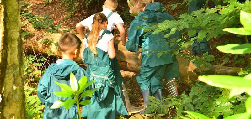 Children climbing over a log in a forest school session.