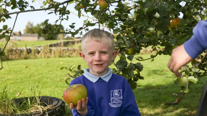 Child holding a freshly-picked apple.
