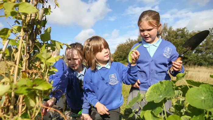 Three children gardening.