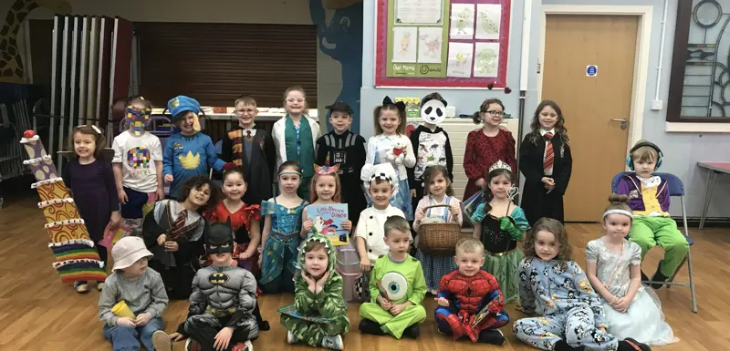 Class of children dressed in character for World Book Day.