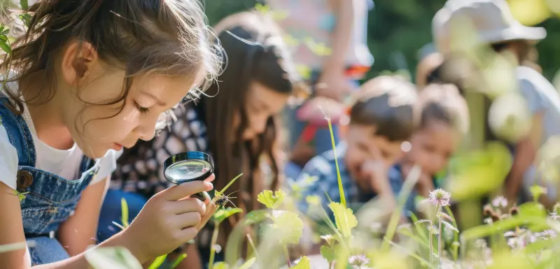 Children studying plants outside.
