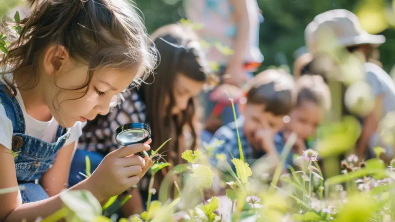 Children studying plants outside.