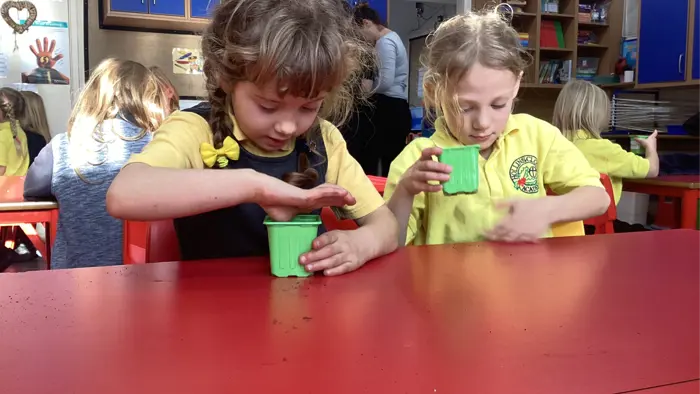Two children planting seeds in a Science lesson.
